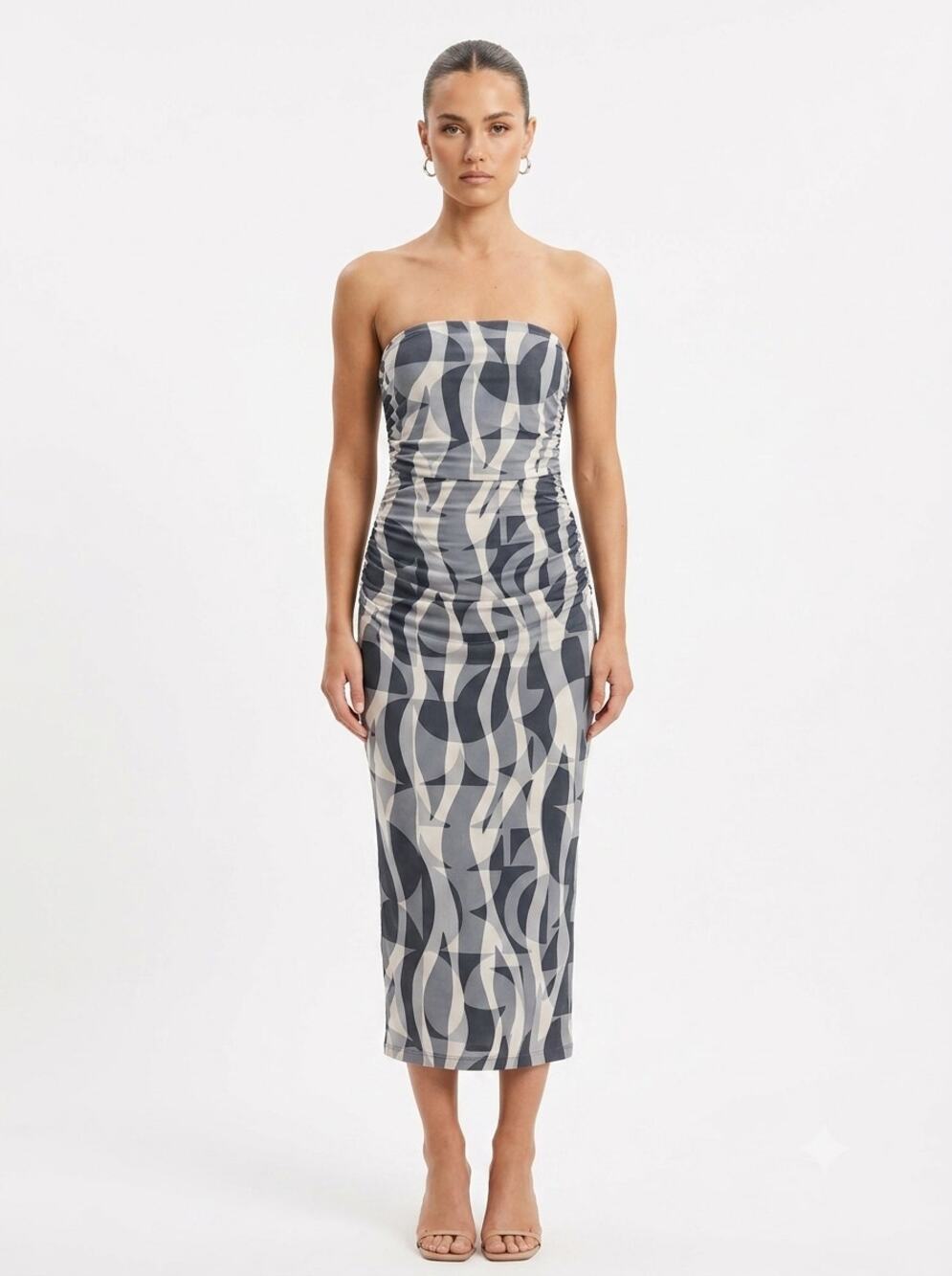 NWT Anthropologie Midi Dress Womens L Black Gray Abstract Ruched Mesh Strapless